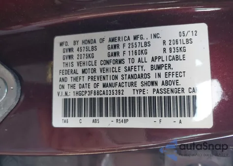 2012 Honda Accord 3.5 Ex-L z USA, uszkodzony, nr VIN 1HGCP3F88CA035392